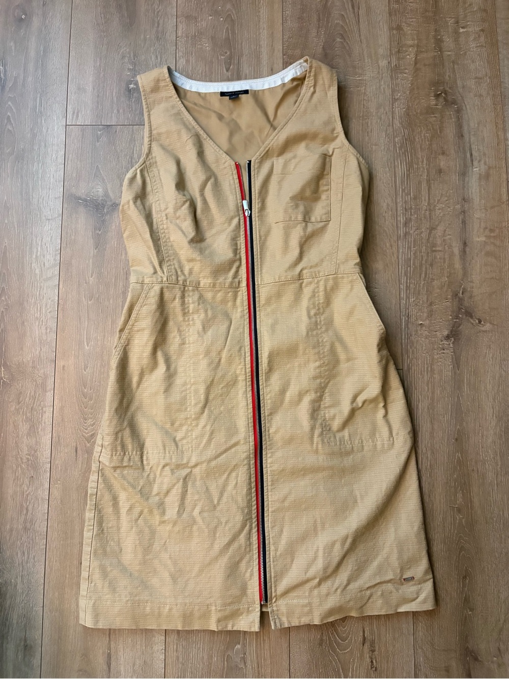 Tommy Hilfiger Tan Sleeveless Zip-Front Midi Dress with Stripe